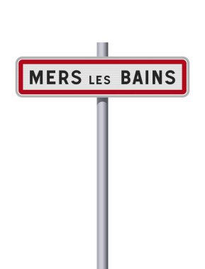 Metalik direğin üzerindeki Mers les Bains şehrinin giriş yolu tabelasının vektör çizimi