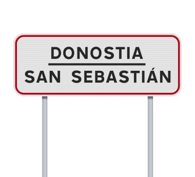 San Sebastian şehrinin vektör illüstrasyonu, Bask (İspanya) giriş levhası metalik direkler üzerinde Donostia