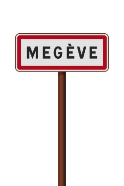 Metalik kahverengi direğin üzerinde Megeve City giriş yolu tabelasının vektör çizimi