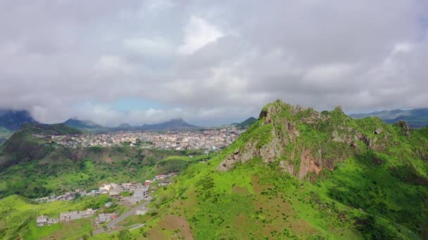 Aerial View Mountainous Green Santiago Island Landscape Rain Season Cape — Stock Video