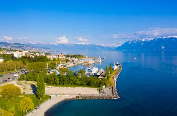 Luchtfoto Van Leman Lake Lausanne Stad Zwitserland Rechtenvrije Stockafbeeldingen