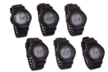 Wrist digital watch front position isolated on white background.