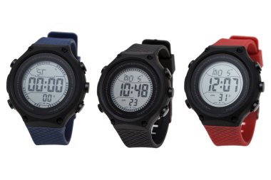 Wrist digital watch front position isolated on white background.