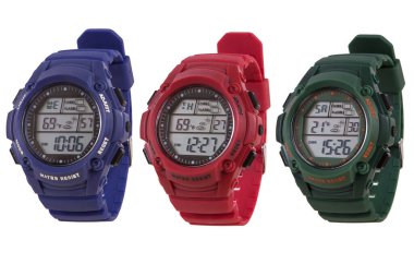 Wrist digital watch front position isolated on white background.