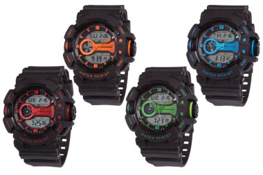 Wrist digital watch front position isolated on white background.