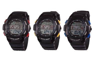 Wrist digital watch front position isolated on white background.