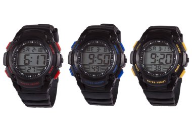 Wrist digital watch front position isolated on white background.