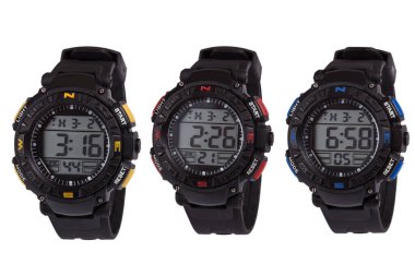 Wrist digital watch front position isolated on white background.