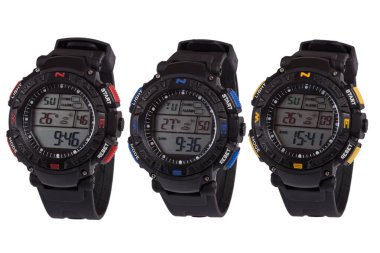 Wrist digital watch front position isolated on white background.