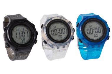 Wrist digital watch front position isolated on white background.