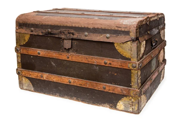 Battered Old Suitcase Shows Traces Luggage Labels World Travel Stockafbeelding