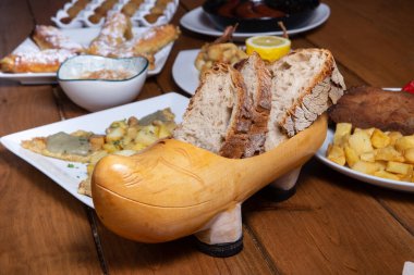 Asturian bread on the restaurant table. Spanish bread.