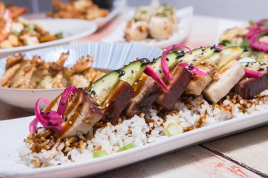 Filipino food called Chicken Tocino or cured chicken meat with rice