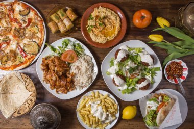 Set of traditional Turkish and Oriental cuisine, top view