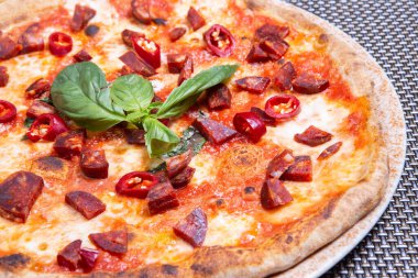 Renkli arka planda pizza diavola, İtalyan yemekleri.