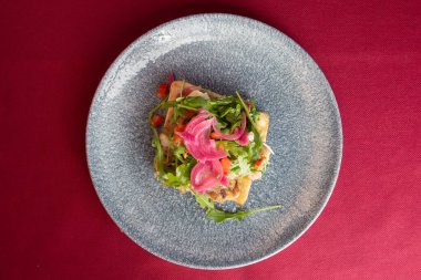 Kırmızı arka planda sebzeli sağlıklı sandviç.