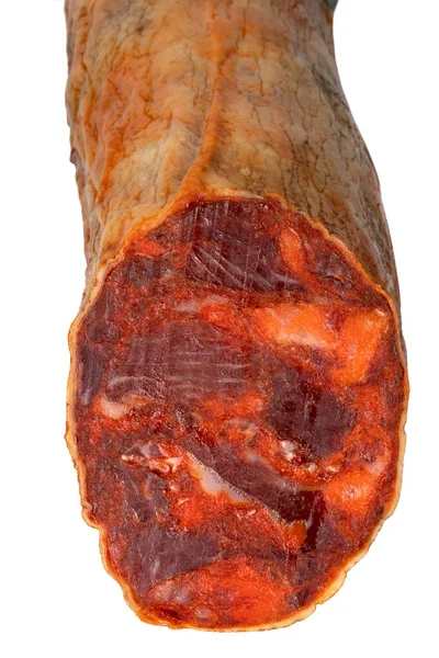 Tagliare Salsiccia Spagnola Salame Chorizo Isolato Bianco — Foto Stock