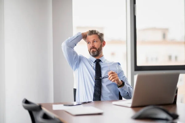 Tired Middle Aged Businessman Working Office Using Laptop Professional Man — Stock Photo, Image