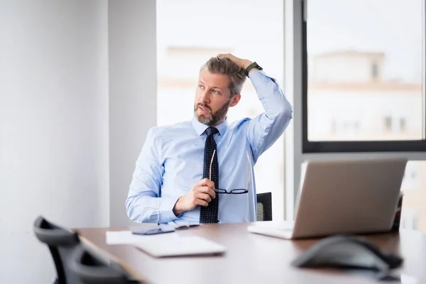 Tired Middle Aged Businessman Working Office Using Laptop Professional Man — Stock Photo, Image