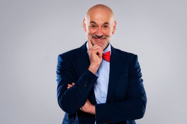 Gri arka planda duran kendine güvenen iş adamının portresi. Gülümseyen profesyonel erkek takım elbiseli ve papyonlu. Boşluğu kopyala. 