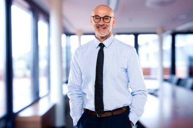 Ofiste duran kendinden emin erkek CEO 'nun portresi. Olgun yönetici gömlek ve kravat giyiyor. İş adamı kameraya bakıyor ve gülümsüyor..