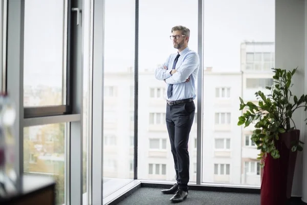 Pleine Longueur Pensée Homme Affaires Regardant Hors Bureau Dessus Ville — Photo