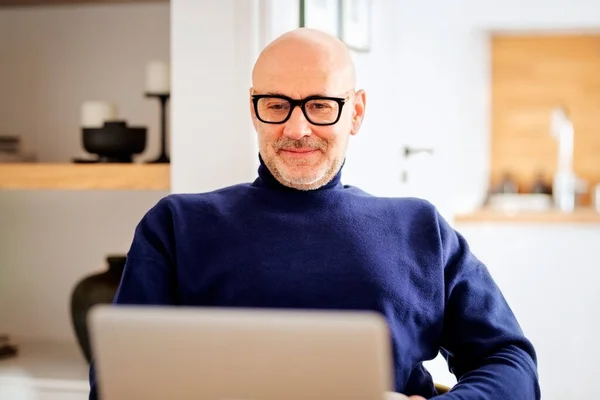 Middle Aged Man Using Laptop Having Video Call While Working — Stock Photo, Image