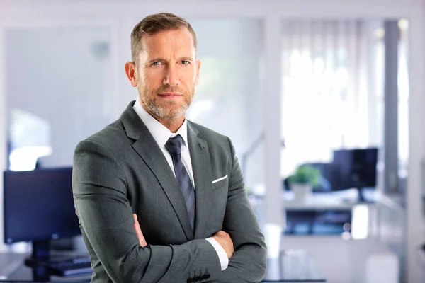 Portrait Caucasian Businessman Looking Camera Standing Boardroom Confident Mature Male — Stok Foto