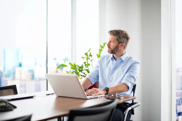 現代のオフィスに座って 仕事のためにラップトップを使用している中年のビジネスマンを考える — ストック写真
