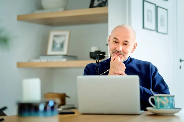 Confident Middle Aged Man Using Laptop Having Video Call While — Stok fotoğraf