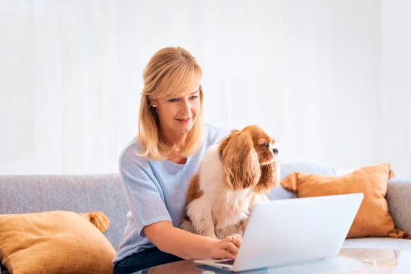 Een Glimlachende Blonde Vrouw Die Thuis Bank Zit Laptop Gebruikt — Stockfoto