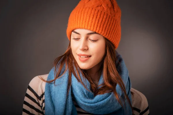 Studio Shot Attractive Young Woman Wearing Orange Beanie Scarf While — Stock Photo, Image