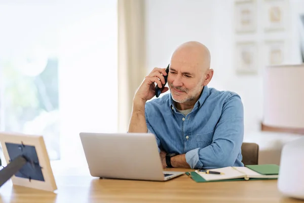 Confident Senior Man Using Notebook Home Mid Aged Male Working — Stock Photo, Image