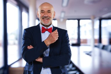 Konferans odasında duran gülümseyen erkek girişimcinin yakın çekimi. Papyon ve takım elbise giyiyor..  