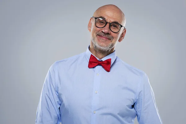 Studio Portrait Mid Aged Man Wearing Glasses Bow Tie Isolated — Stock Photo, Image