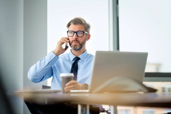 Mid Aged Businessman Sitting Office Desk Having Business Call Confident —  Fotos de Stock