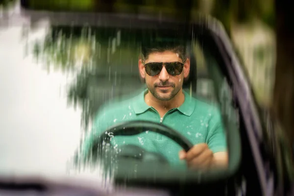 Handsome Man Wearing Sunglasses Sitting Convertible Car Driving Road — Stock Photo, Image