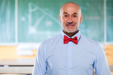  Tahtanın önünde duran orta yaşlı erkek öğretmenin portresi. Gömlek ve papyon takan kendine güvenen matematik profesörü.. 