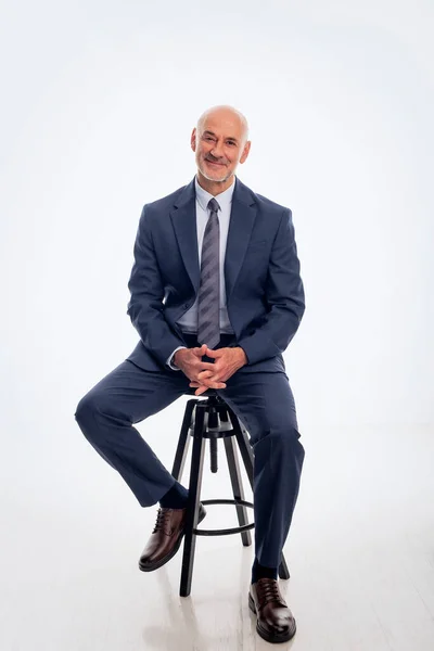 Full Length Mid Agd Man Wearing Suit Sitting Isolated White — Stock Photo, Image