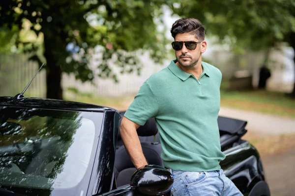 Handsome Man Wearing Sunglasses Standing Next His Convertible Car Road — Stock Photo, Image