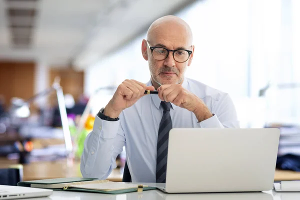 Mid Aged Businessman Sitting Office Using Notebook Work Confident Professional — Stock Photo, Image