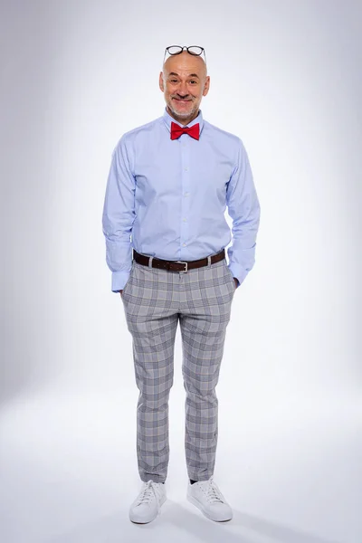 Studio Shot Businessman Wearing Checked Pants Bow Tie Standing Isolated — Stock Photo, Image