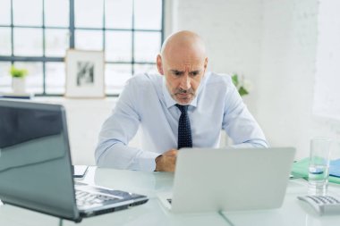 Ofiste oturan orta yaşlı bir iş adamı ve dizüstü bilgisayar kullanıyor. Erkek girişimci bilgisayarında telekonferans toplantısı yapıyor..