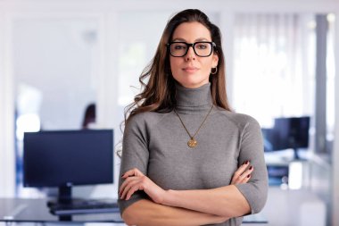 Ofiste duran kendine güvenen bir iş kadınını vurdu. Esmer kadın balıkçı yaka kazak giyiyor ve kameraya gülümsüyor. Boşluğu kopyala. 