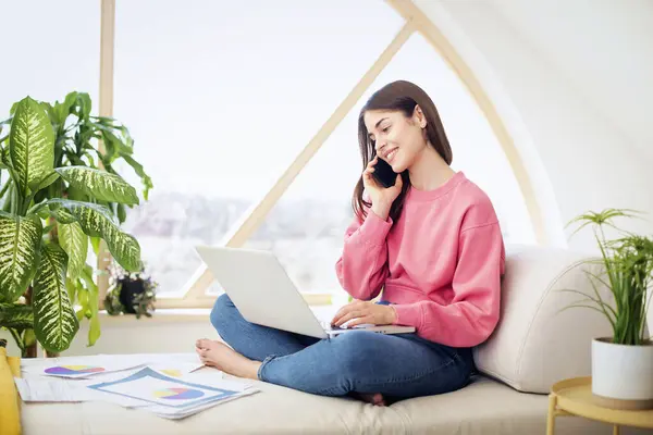 Young Woman Sitting Sofa Home Working Confident Female Using Smartphone Stock Image
