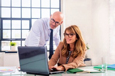 Ofiste birlikte çalışan bir grup iş adamı. İş kadını dizüstü bilgisayarının arkasında oturuyor ve orta yaşlı iş adamı yanında duruyor ve video görüşmesi yapıyor. İş toplantısı.