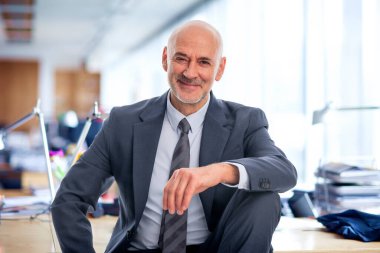 Orta yaşlı bir işadamı ofisinde oturuyor. Takım elbiseli ve kravatlı kendine güvenen profesyonel bir adam.. 