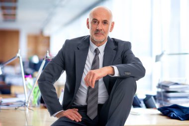 Orta yaşlı bir işadamı ofisinde oturuyor. Takım elbiseli ve kravatlı kendine güvenen profesyonel bir adam.. 