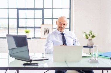 Orta yaşlı bir işadamı ofisinde oturuyor ve çalışıyor. Profesyonel bir adam dizüstü bilgisayar kullanıyor ve video görüşmesi yapıyor.. 