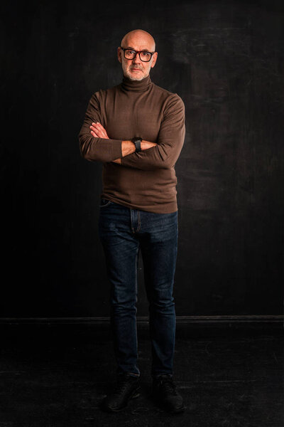 Full Length Mature Man Standing Isolated Black Background Confident Male Stock Picture